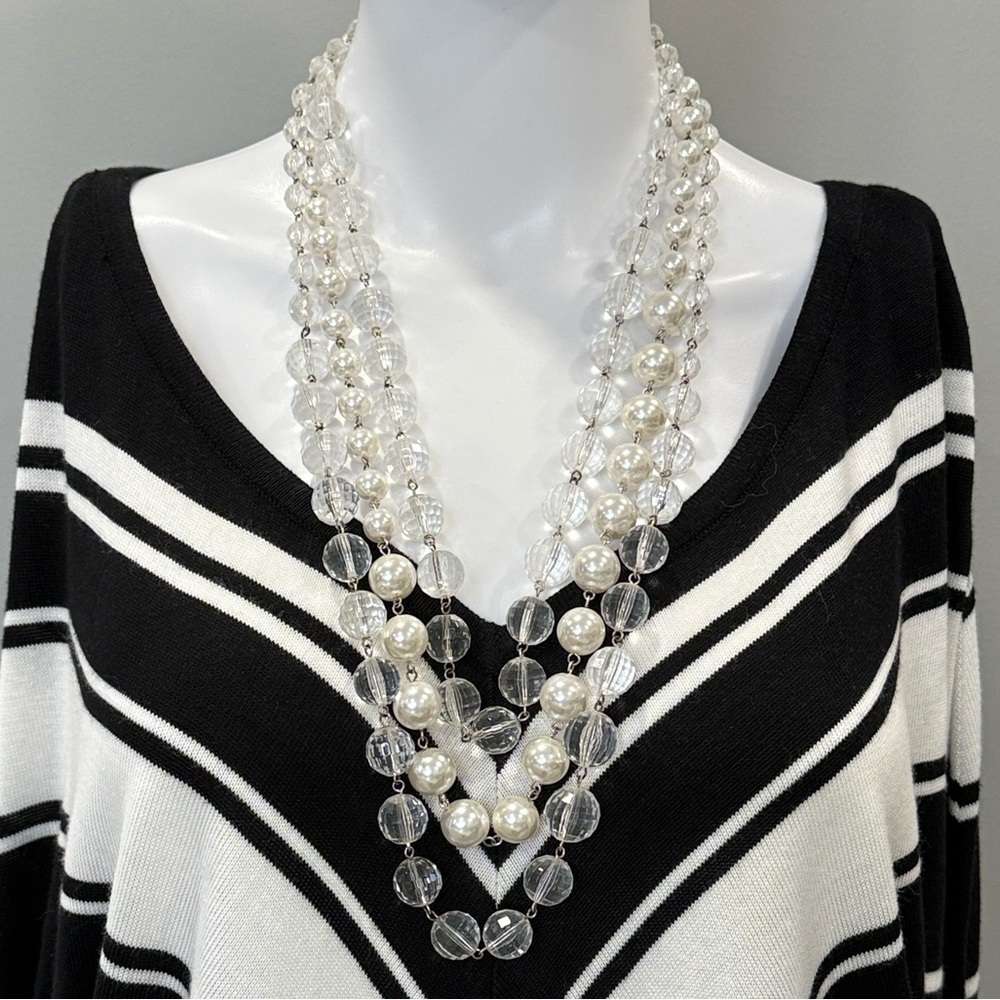 White House Black Market Multifaceted Clear and Pearl 3 Strand Necklace- 15”